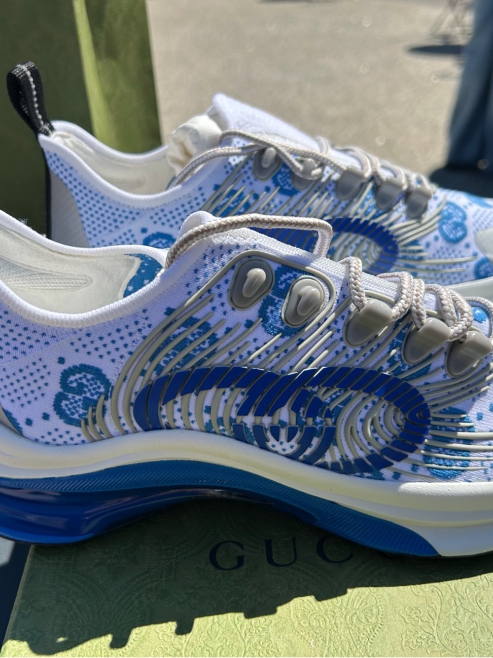 Gucci White and Blue Sneakers with Sporty Wave Design